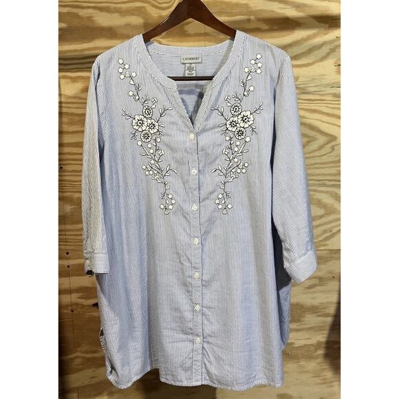 Catherine Pinstripe Floral Embroidered Tunic Blue Pinstripe Relaxed Cottage - Picture 1 of 8